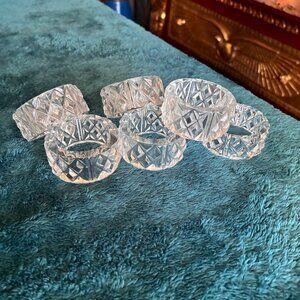 6 Beveled Diamond Faceted Clear Crystal Glass Round Napkin Rings